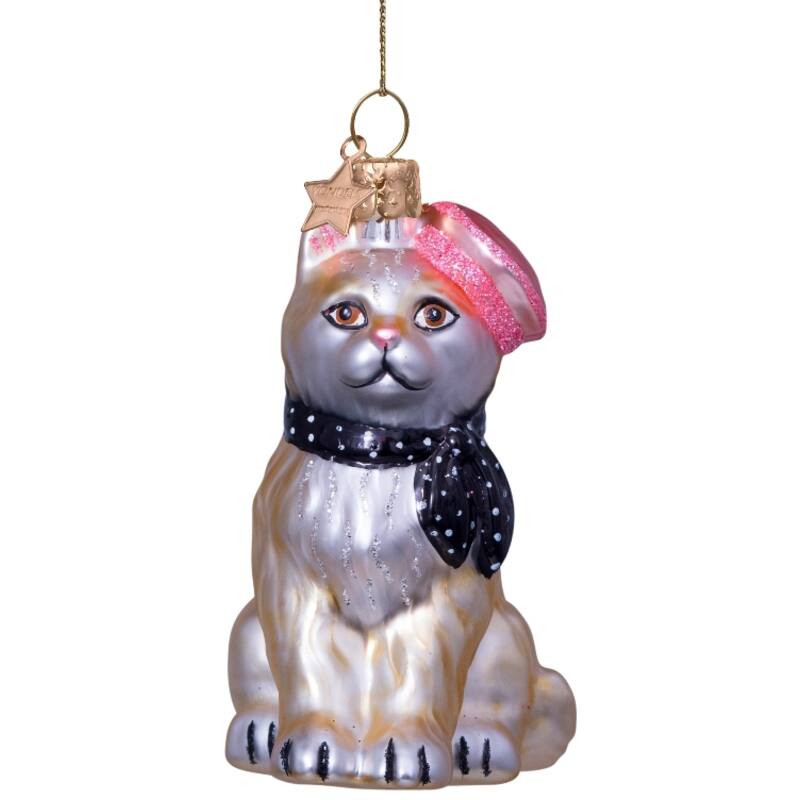 Kat m. barret og tørklæde juleophæng - H8,5 cm.